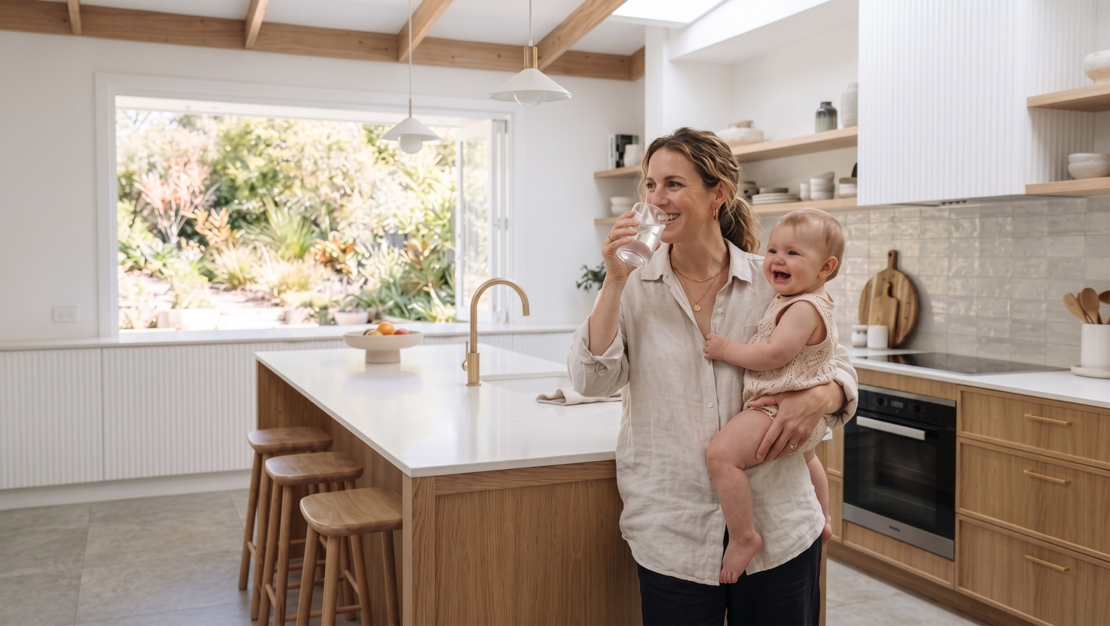 Mother and toddler drinking filtered water in a bright kitchen