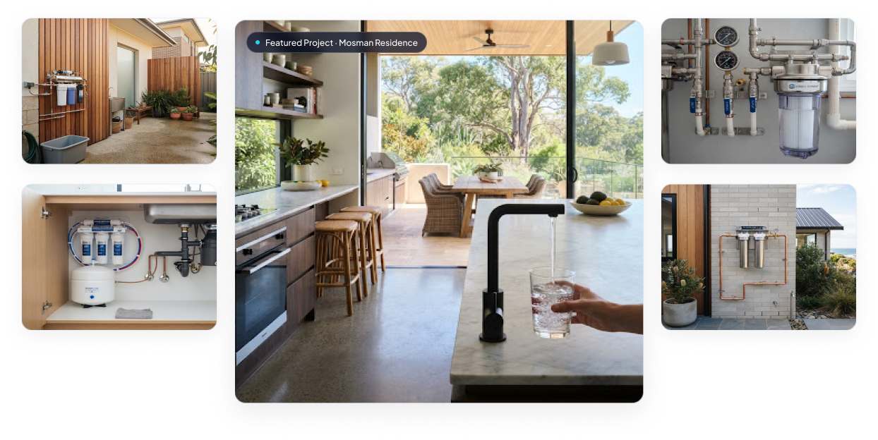 Open-plan kitchen with filtered water tap, featured Mosman Residence project